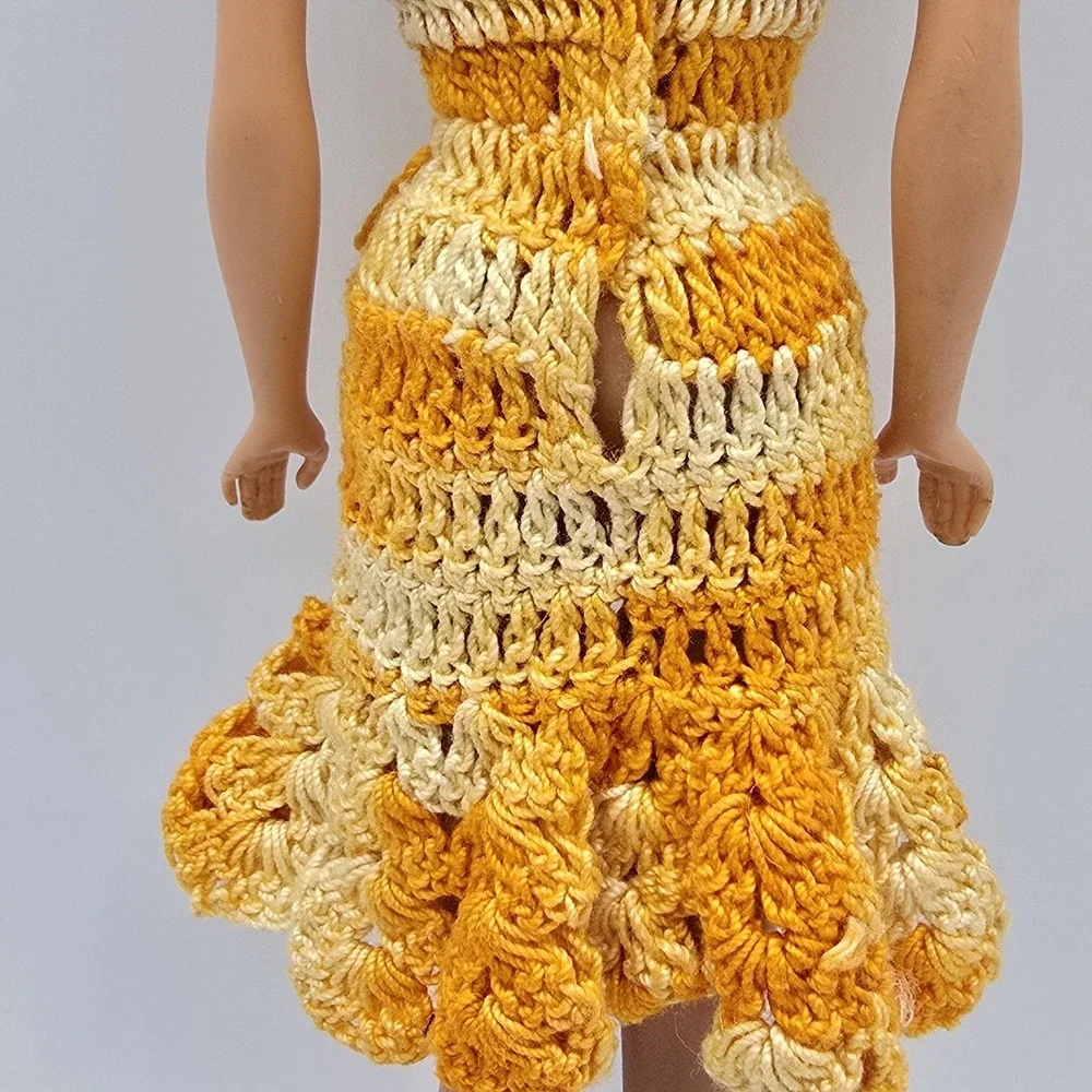 Vintage Barbie Fashion Doll Mommy Made Handmade Crochet Yellow White Dress